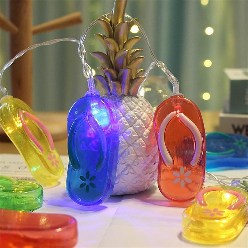 Multicolor String Lights, Summer Beach Flip Flop Themed Slipper String Lights, Battery Operated Summer Fruit String Lights - Watermelon & Pineapple Design Indoor Decoration Lights Perfect for Parties Patio and Garden Decor LED Festive String Lights3