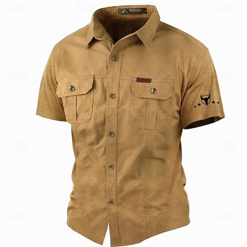 Men's Cow Print Work Shirt Western Shirt Cargo Shirt Short Sleeve Casual Tactical Sports & Outdoor Going out Summer Spring Turndown Print Army Green Khaki