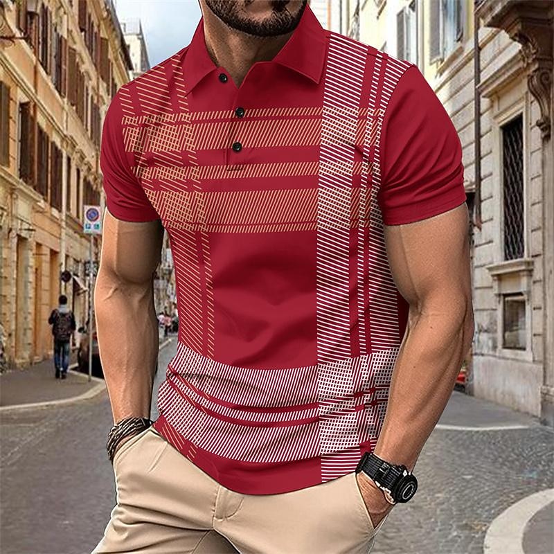 Men's Golf Shirt Golf Polo Work Casual Lapel Short Sleeve Basic Modern Plaid Button Spring & Summer Regular Fit Black White Red Navy Blue Golf Shirt3