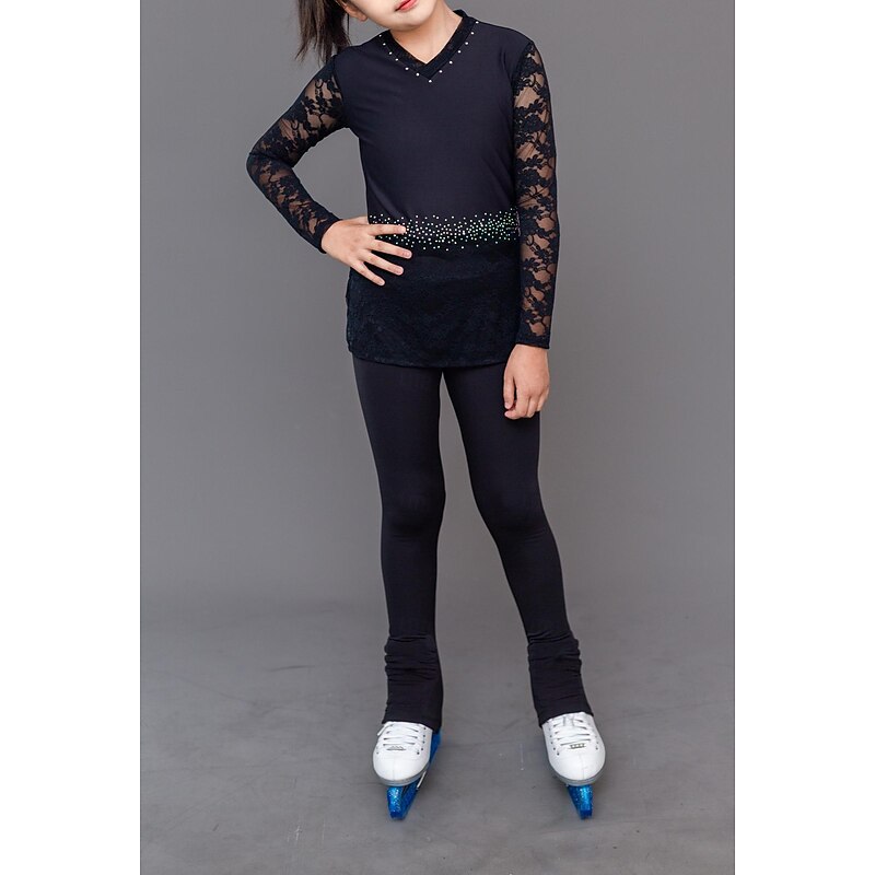 Figure Skating Pants Figure Skating Jacket with Pants Women's Girls' Ice Skating Jacket Tights Outfits Black Patchwork Spandex Lace Stretchy Training Practice Professional Skating Wear Thermal Warm