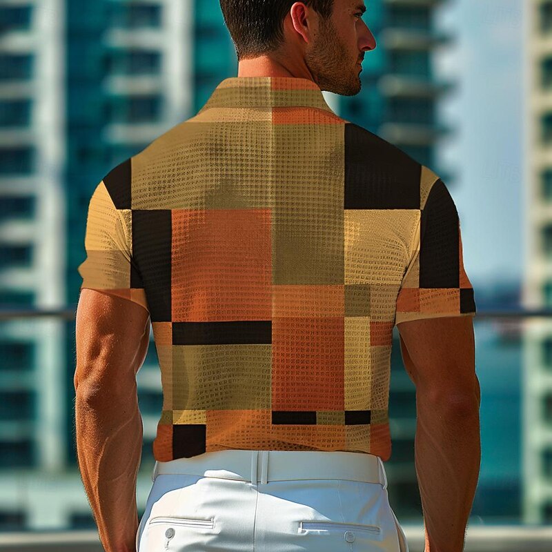 Men's Plaid Golf Shirt Short Sleeve Polo Shirts Collared Shirts Casual Vacation Wear Formal Wear Festival Wear Buttons 3D Print Summer Spring Brown2