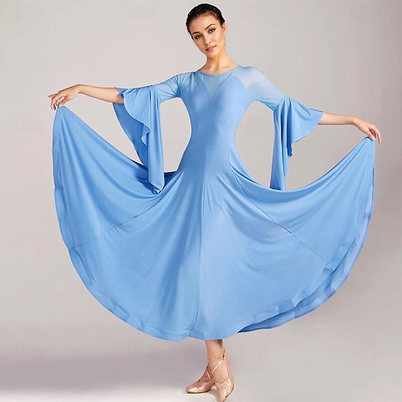Ballroom Dance Dress Pure Color Splicing Women's Performance Party 3/4 Length Sleeve Crystal Cotton4