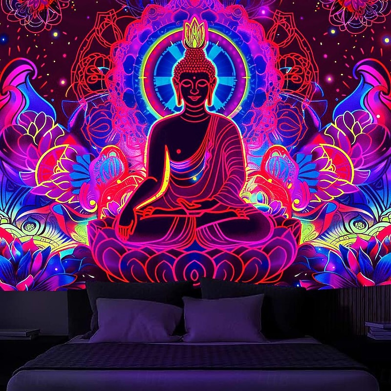 Bohemian Buddha Blacklight Tapestry UV Reactive Glow in the Dark Glow Party Lotus Trippy Misty Nature Landscape Hanging Tapestry Wall Art Mural for Living Room Bedroom4