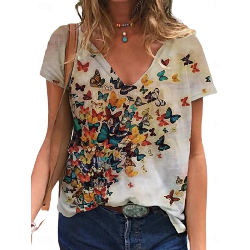 Women's T Shirt Floral Butterfly Fashion Modern Short Sleeve V Neck Regular Tops Vacation Daily Yellow Pink Blue Khaki Summer2