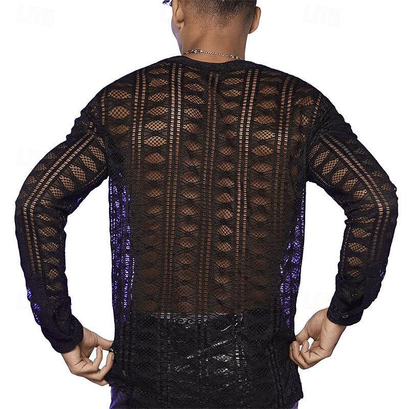 Men's T Shirt Tee Mesh Shirt Sheer Shirt Long Sleeve V Neck Summer Plain Fashion Designer Basic Lace Vacation Street Going out Black White Top Tee for Men3