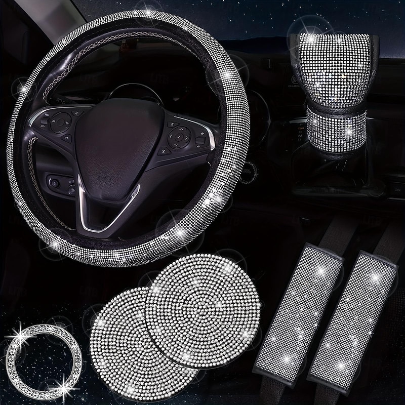 7PCS/SET Bling Car Accessories Set for Women - Includes Steering Wheel Cover Coasters Seat Belt Pads Emblem Sticker and Gear Shift Cover - Add Sparkle and Comfort to Your Ride