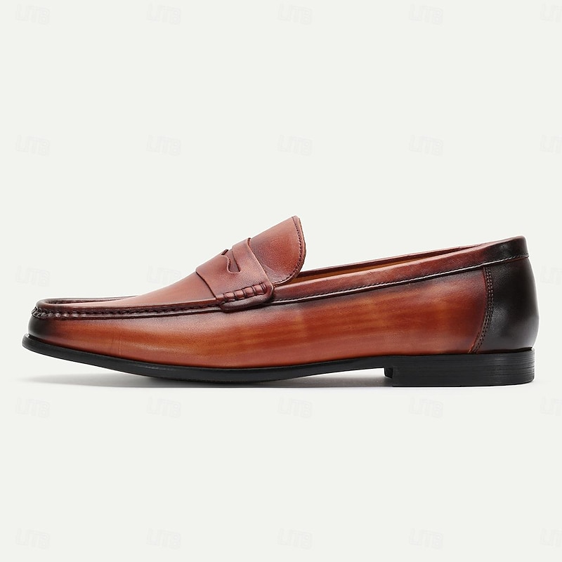 Men's Classic Burnished Tan Leather Loafers - Sleek Slip-On Dress Shoes with Premium Cowhide4