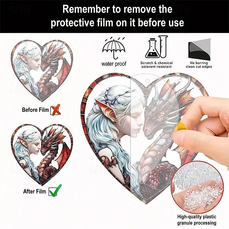 Dragon Girl Heart-Shaped Acrylic Sign - Sun Catcher & Shade Stained Glass Window Hanging Perfect Gift For Mom & Friends Colorful Wall Art For Garden Porch Home Decor (8X8cm)3