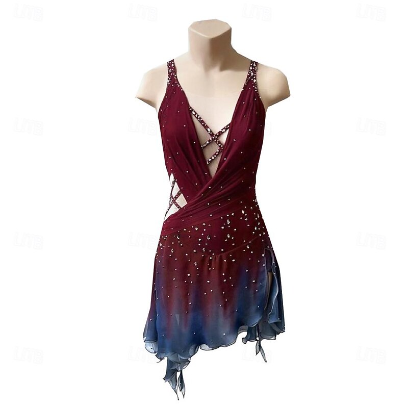 Figure Skating Dress Women's Girls' Ice Skating Dress Burgundy Thumbhole Halo Dyeing High Elasticity Professional Competition Skating Wear Thermal Warm Crystal / Rhinestone Long Sleeve Ice Skating2