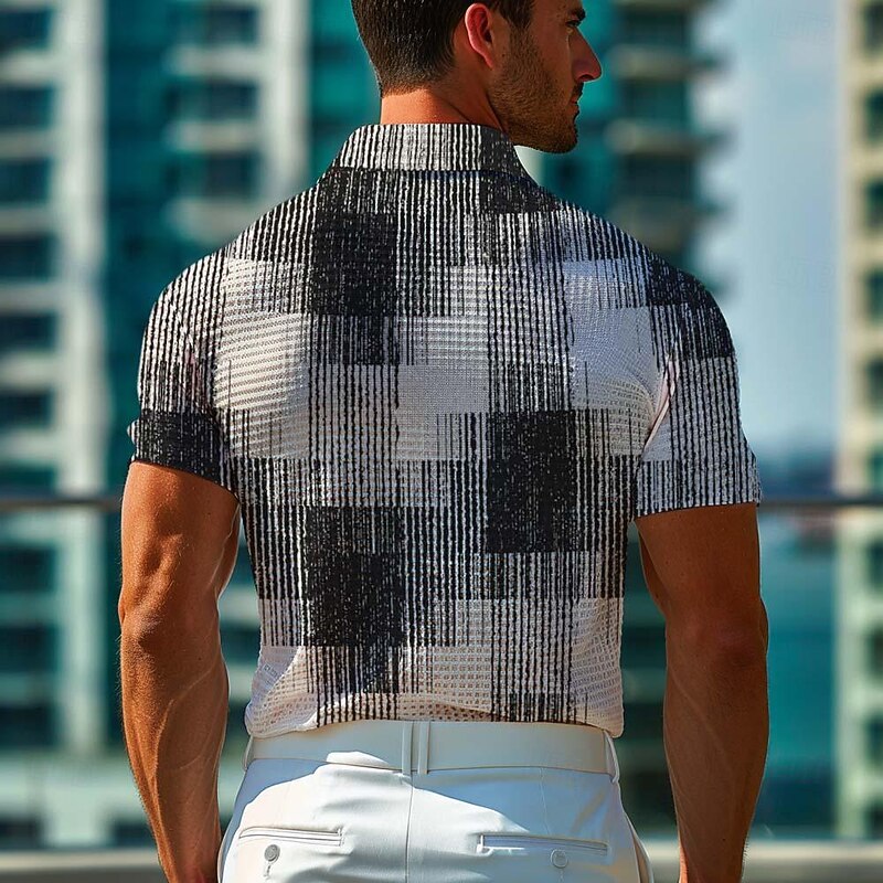 Men's Plaid Golf Shirt Short Sleeve Polo Shirts Collared Shirts Vintage Casual Vacation Wear Formal Wear Festival Wear Buttons 3D Print Summer Spring Black2