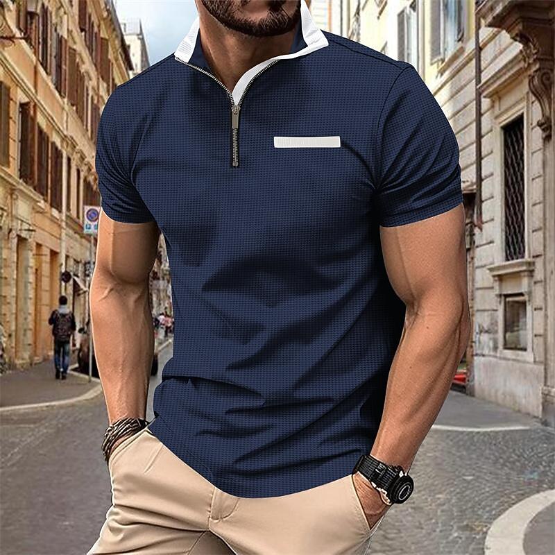 Men's Waffle Polo Shirt Quarter Zip Polo Daily Holiday Quarter Zip Short Sleeve Fashion Basic Color Block Spring & Summer Regular Fit Black White Red Navy Blue Khaki Light Grey Waffle Polo Shirt4
