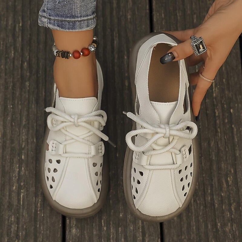 Women's White Cutout Lace-Up Faux Leather Flats – Breathable Casual Walking Shoes for Summer, Travel & Everyday Wear4