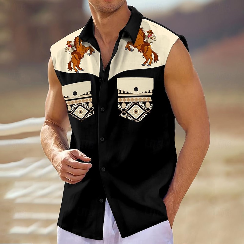Men's Horse Southwestern Print Shirt Western Shirt Cowboy Shirt Sleeveless Western Style Tribal Outdoor Work Causal Summer Spring Shirt Collar Black Khaki4