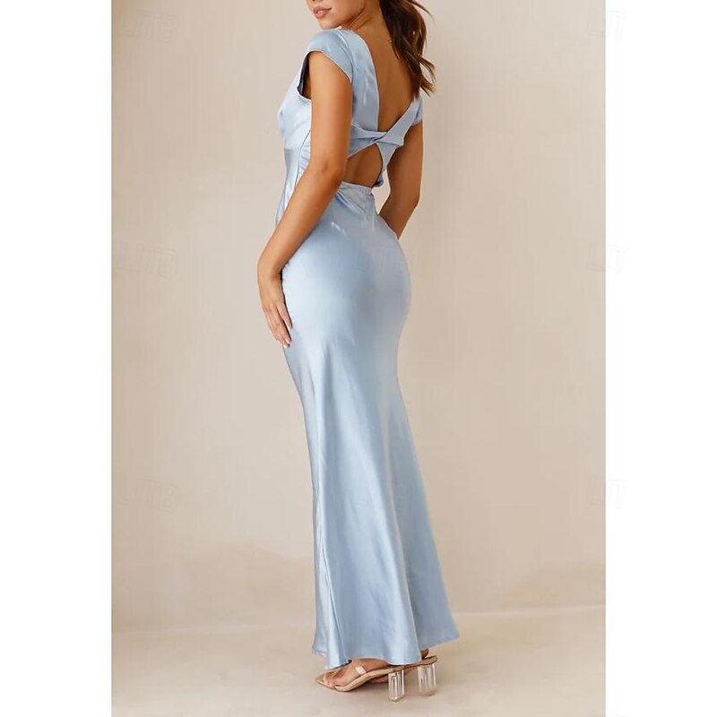 Sky Blue Mermaid Wedding Guest Dresses Elegant Dress Formal Black Tie Floor Length Short Sleeve V Neck Charmeuse Crisscross Back with Ruched3