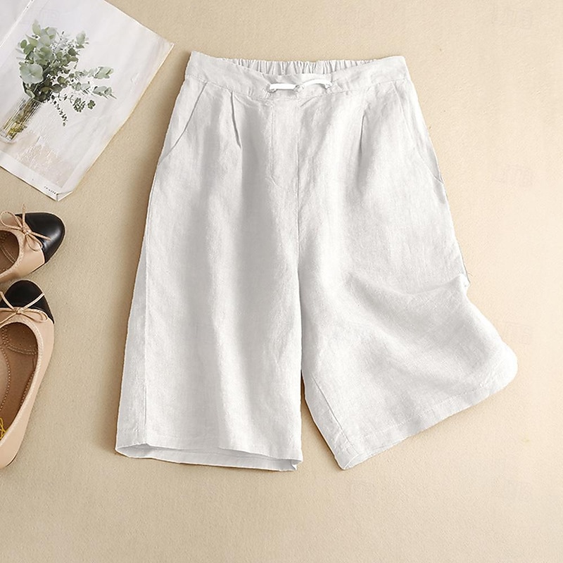 Women's Cotton Linen Shorts Shorts Casual Daily Short Plain Drawstring Side Pockets Breathability Comfortable Inelastic Weekend White Pink Green Khaki Summer Regular Fit