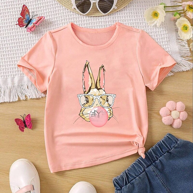 Toddler Girls' Easter T shirt Bunny School Short Sleeve Fashion 3-7 Years Summer Champagne