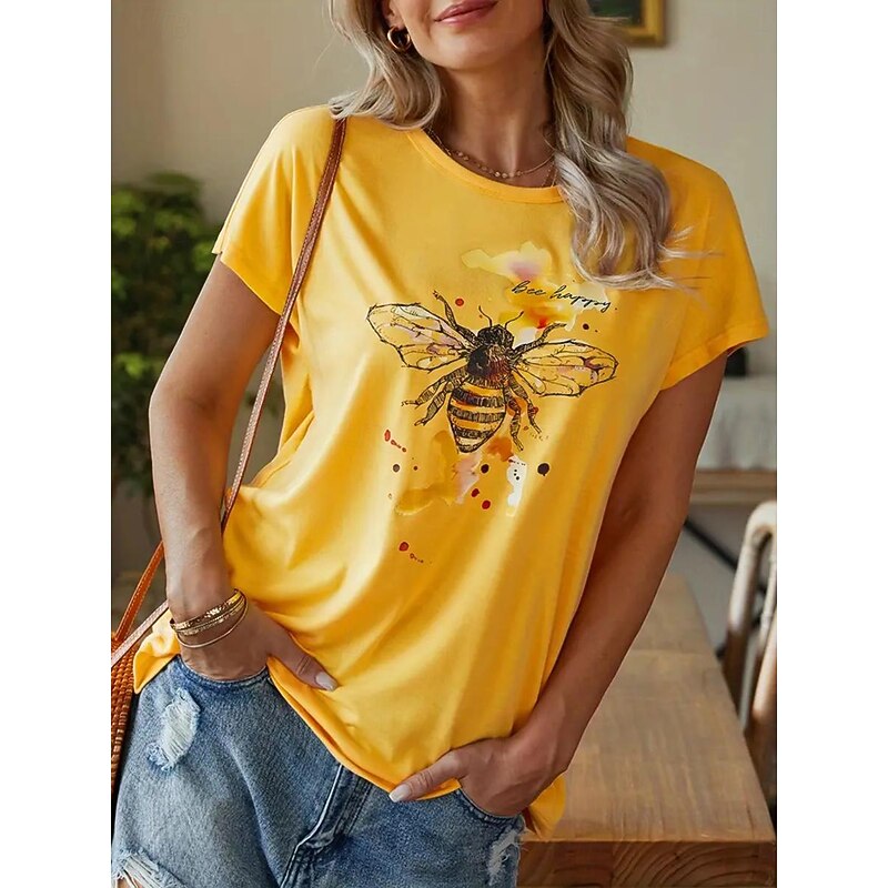 Women's T Shirt Bees Stylish Casual Short Sleeve Crew Neck Regular Tops Daily Print Yellow Pink Blue Green Summer4
