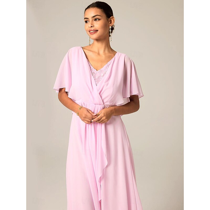 Women's Wedding Guest Cocktail Dress Chiffon Lace Split Elegant Formal A Line Maxi Dress V Neck Short Sleeve Pink Color2