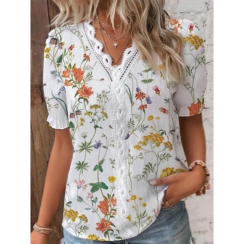 Women's Blouse V Neck White Elegant Lace Tops Eyelet Blouse Ethnic Floral Lace Puff Sleeve Short Sleeve Daily Romantic Petite Tops Summer Holiday Wear White Summer