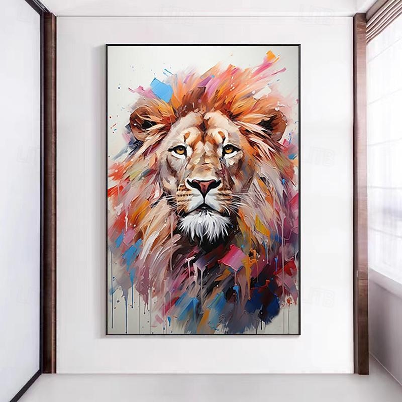 Handmade Original Lion And Elephant Oil Painting On Canvas Large Abstract Animal Canvas Wall Art Modern Impressionist Lion Artwork For Living Room Bedroom Decor No Frame3