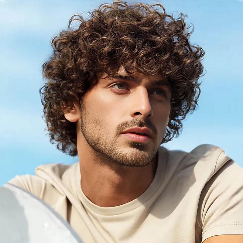 Men's Wig Short Brown Curly Wig Fully Hair Wigs with Bangs Natural Curly Synthetic Hair Replacement Wig Party Cosplay Halloween Costume Wigs for Men