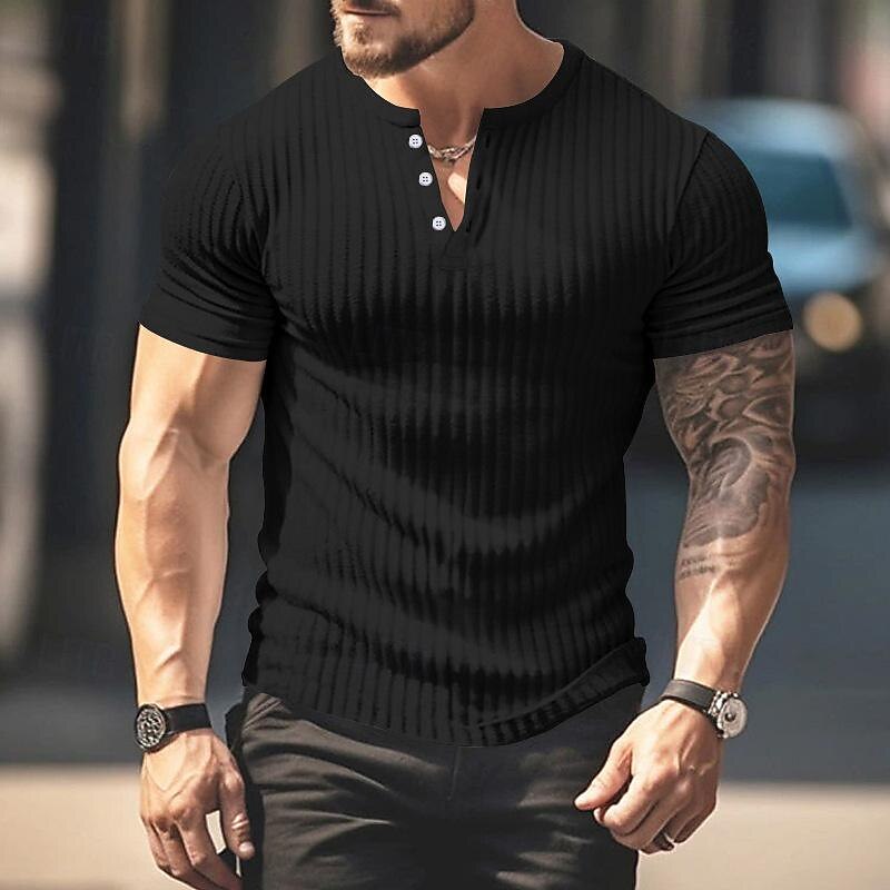 Men's Button T Shirt T Shirt Henley Shirt Tee Short Sleeve Henley Spring & Summer Plain Pit Strip Fashion Designer Basic Vacation Street Going out Wine Black White Top Tee for Men 5