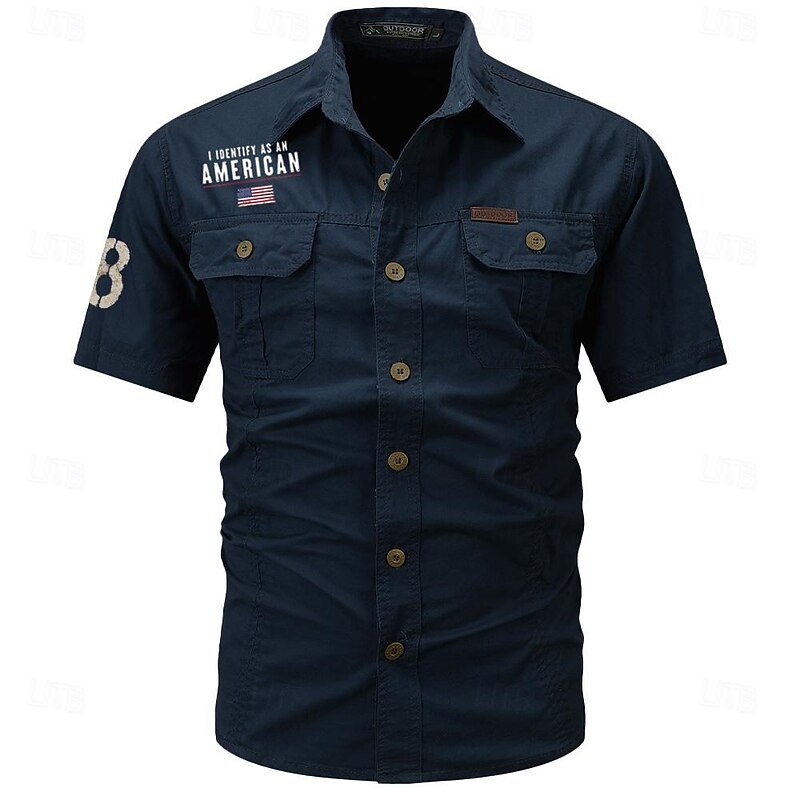 Men's Flag American US Flag Letter Printed Work Shirt Western Shirt Cargo Shirt Short Sleeve Casual Tactical Going out Summer Turndown Buttons Print Black Army Green Dark Blue Gray2