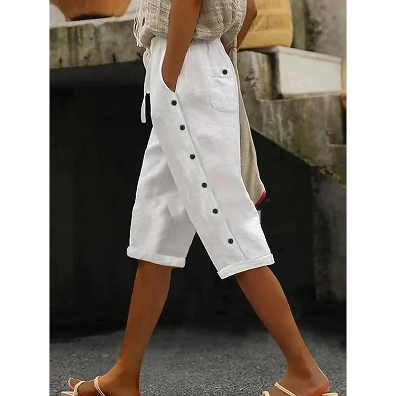 Women's Shorts Casual Daily Knee Length Plain Drawstring Side Pockets Breathability Comfortable Inelastic Weekend Black White Summer Regular Fit