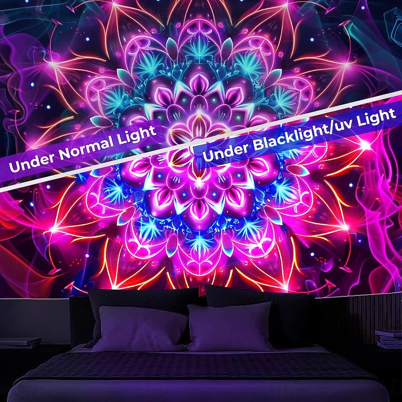 Mandala Bohemian Blacklight Tapestry UV Reactive Glow in the Dark Glow Party Trippy Zen Meditation Misty Nature Hanging Tapestry Wall Art Mural for Living Room Bedroom2