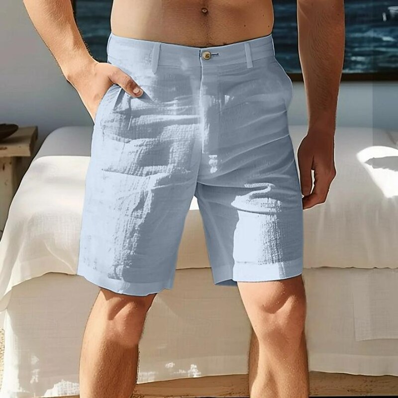 Men's Shorts Linen Shorts Dress Shorts Summer Shorts Zipper Pocket Buttons Plain Comfort Soft Knee Length Outdoor Daily Going out Fashion Streetwear White Sky Blue2