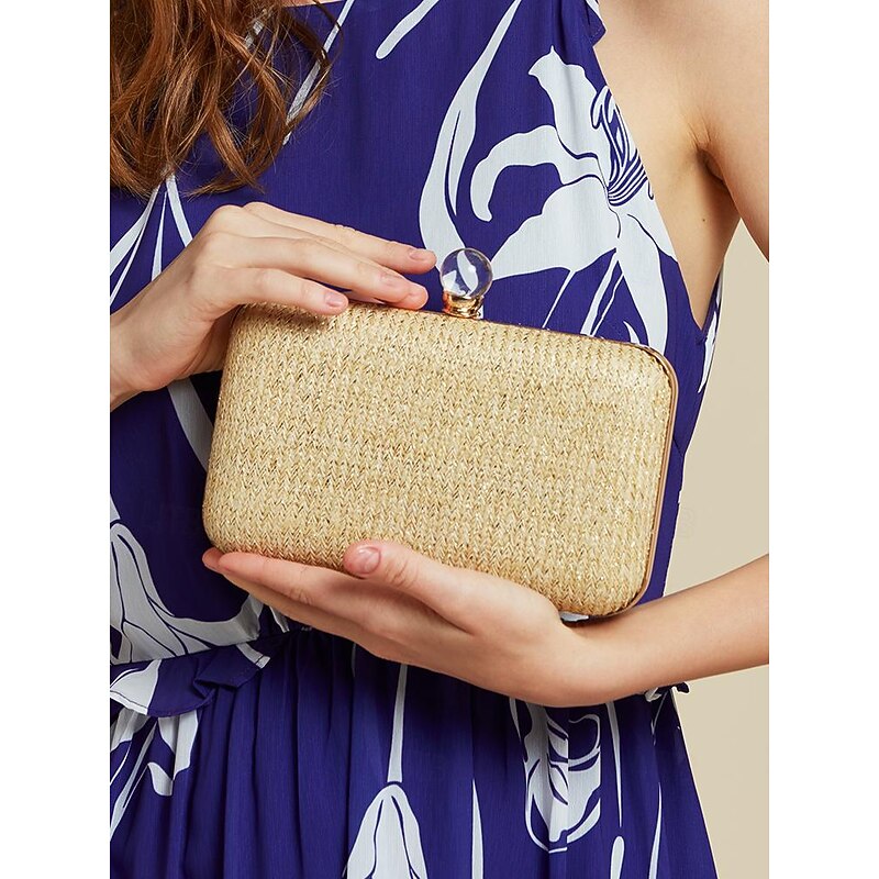 Elegant Straw Clutch Purse with Pearl Clasp - Stylish Women's Evening Bag for Summer Events
