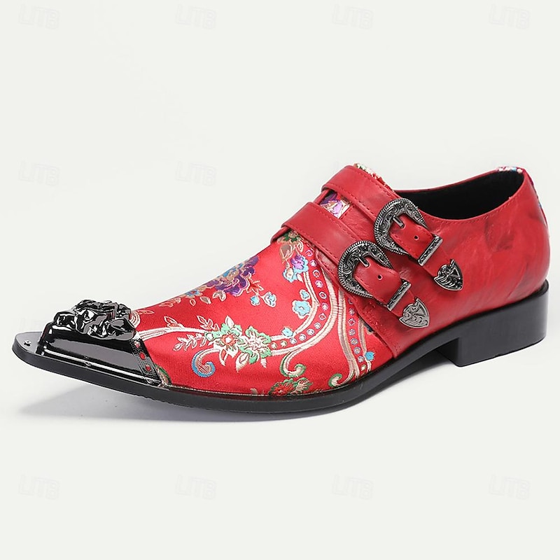 Men's Premium Cowhide Leather Punk Style Monk Strap Shoes - Red Floral Embroidered Double Buckle Slip-On with Metal Toe Cap3