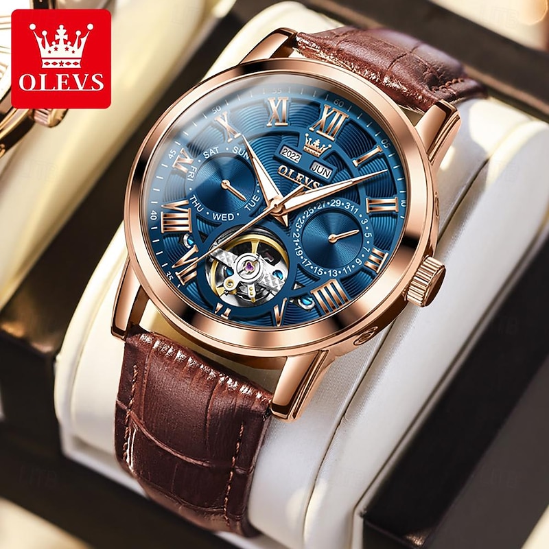 OLEVS Men Mechanical Watch Fashion Casual Wristwatch Automatic Self-winding Luminous Calendar Date Week Leather Watch