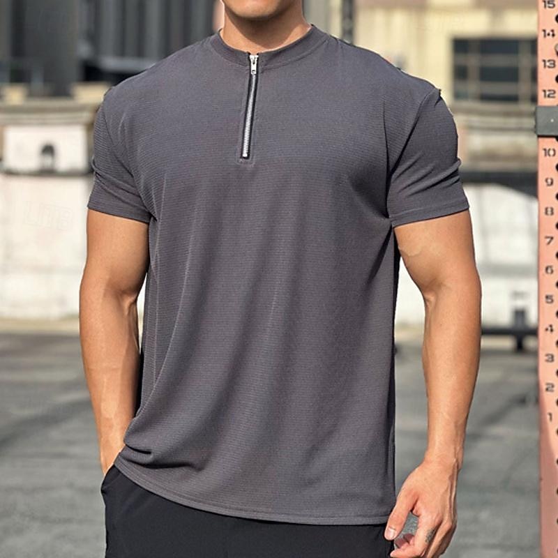 Men's Running T-Shirt Quarter Zip Short Sleeve Tee Tshirt Casual Athleisure Solid Colored Soft Breathable Gym Workout Walking Jogging Sportswear Activewear Dark Grey Black White3