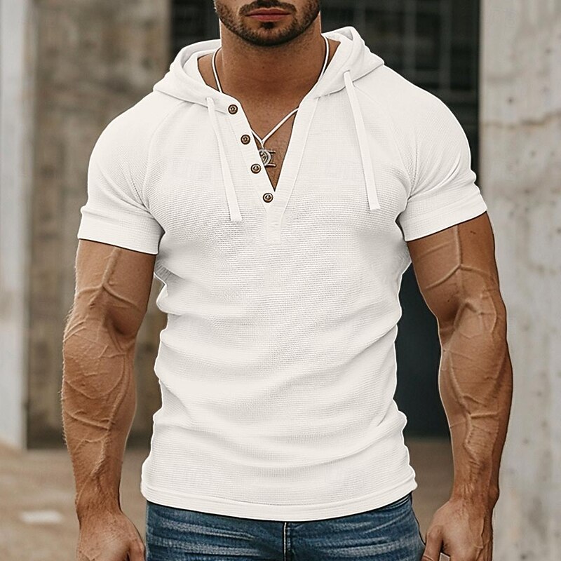 Men's Waffle Knit Tee Tee Top Short Sleeve Hooded Summer Solid Color Daily Casual Buttons Hooded Outdoor Street Causal Army Green White Khaki Top Tee for Men