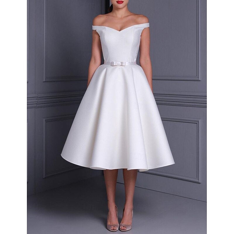 A-Line Cocktail Dresses 1950s Dress Wedding Guest Graduation Tea Length Sleeveless Off Shoulder Fall Wedding Reception Satin with Sleek Bow(s) Pure Color2