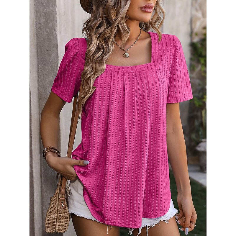 Women's Shirt Dressy Tops Plain Stylish Casual Short Sleeve Square Neck Regular Tops Vacation Daily Tiered Black Royal Blue Green Rose Pink Summer - Main Image