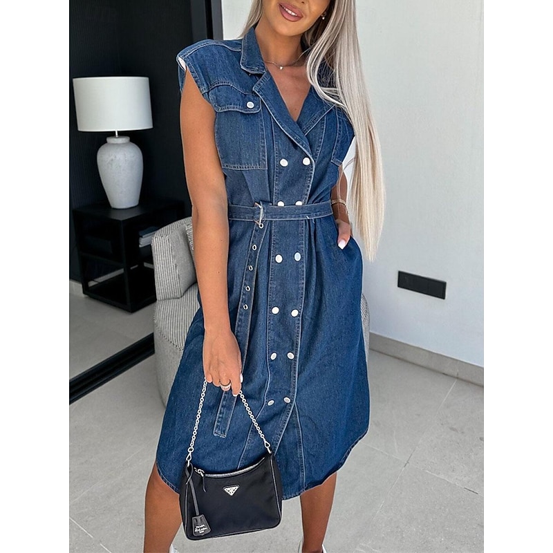 Women's Denim Dress Shirt Dress Midi Dress Date Vacation Denim Basic Modern Shirt Collar Pocket Belted Short Sleeve Summer Spring Regular Fit Plain4