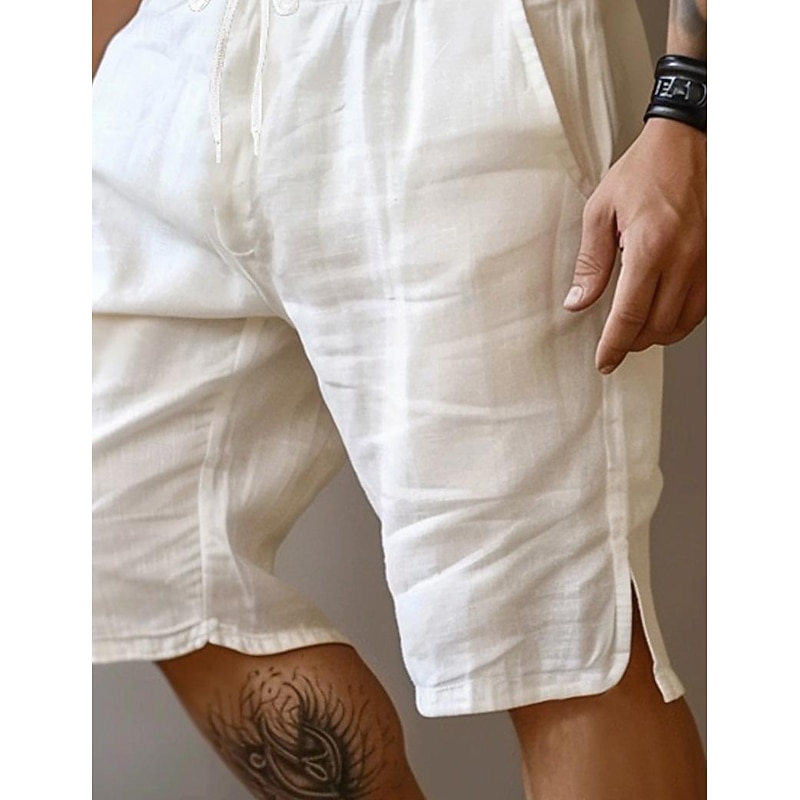 Men's Shorts Linen Shorts Summer Shorts Split Front Pocket Straight Leg Plain Comfort Breathable Knee Length Party Outdoor Casual Fashion Basic Black White2