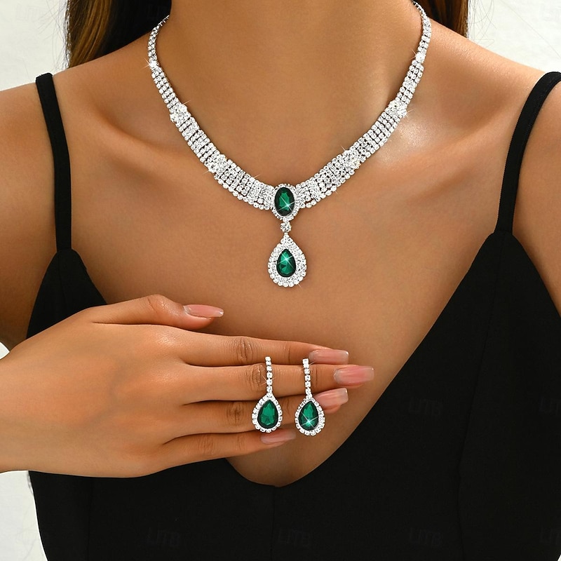 Bridal Jewelry Sets Two-piece Suit Imitation Diamond 1 Necklace Earrings Women's Vintage Dainty Sweet Lovely Classic Love Precious Diamond Water Drop Jewelry Set For Wedding Gift2