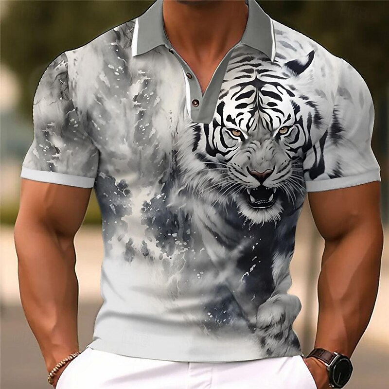 Men's Tiger Polo Shirts Golf Shirt Short Sleeve Polo Shirts Collared Shirts Funny Streetwear Vacation Wear Party Outfits Buttons 3D Print Spring & Summer Gray