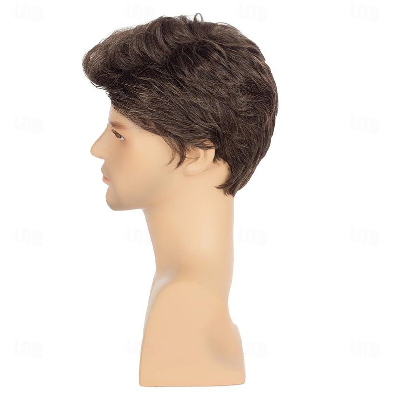 Brown Wigs for Men Short Layered Cosplay Costume Party Natural Hair for Male Guy Synthesis Full Wig (Brown)4