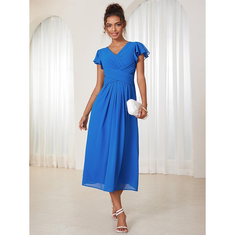 Women's Wedding Guest Cocktail Dress Chiffon Ruched Ruffle Elegant Formal  Wrap Midi Dress V Neck Ruffle Sleeve Blue Green Color - Product Details