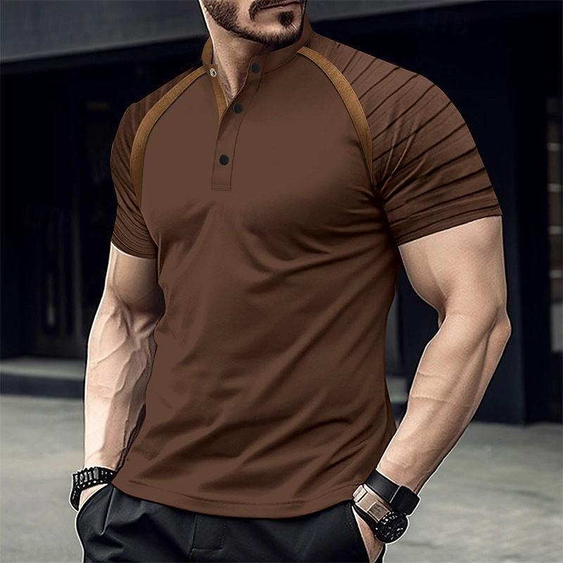 Men's Button T Shirt T Shirt Henley Shirt Tee Short Sleeve Henley Spring & Summer Color Block Fashion Designer Basic Vacation Street Going out Black Pink Brown Top Tee for Men4