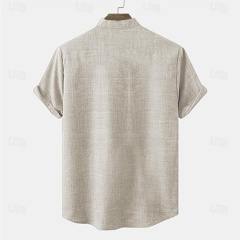 Men's Shirt Linen Shirt Henley Shirt Retro Shirts Vintage Shirt Ethnic Shirt Ethnic Daily Holiday Blue Beige Gray Short Sleeve Band Collar Summer Spring Clothing Apparel Print2