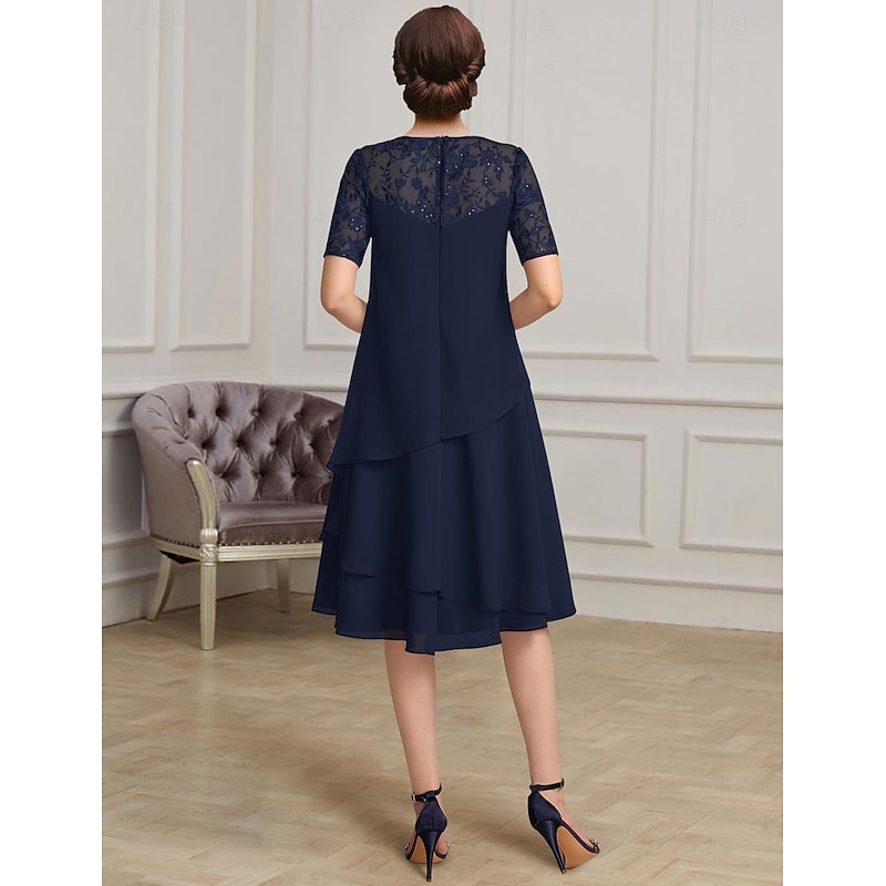 A-Line Mother of the Bride Dress Formal Elegant Jewel Neck Tea Length Chiffon Short Sleeve with Lace2