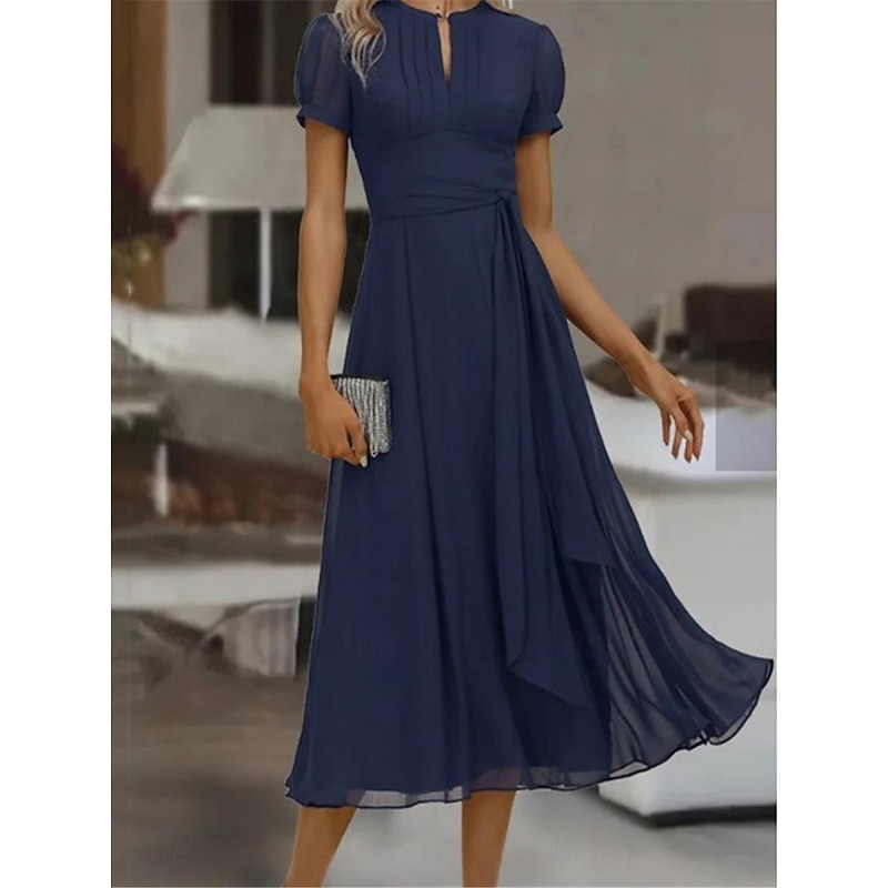 Women's Maxi Dress Cocktail Dress Wedding Guest Dress Chiffon Dress Plain Dress Elegant Formal Wedding Guest Cocktail Party Regular Fit Short Sleeve V Neck Blue Summer