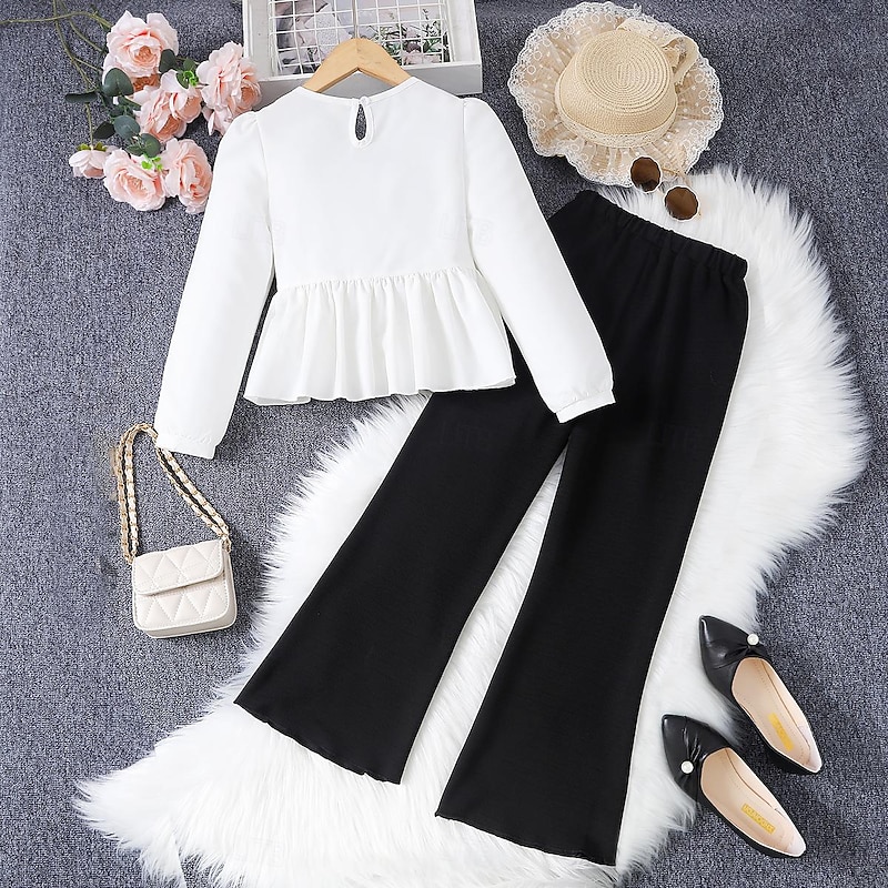 2 Pieces Kids Girls' Plaid Pants Suit Set Long Sleeve Fashion Casual 7-13 Years Fall White2