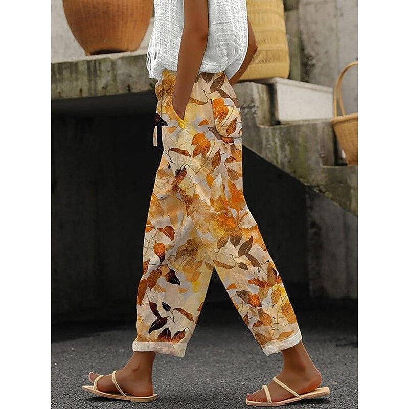 Women's Pants Baggy Pants Casual Daily Long Floral Drawstring Side Pockets Print Breathability Comfortable Inelastic Weekend Orange Green Spring & Summer Regular Fit2