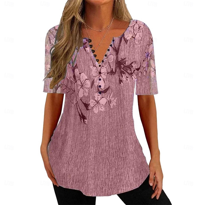 Women's Shirt Blouse Casual Floral Buttons Print Short Sleeve Regular Tops Crew Neck Vacation Daily Pink Navy Blue Blue Gray Summer4